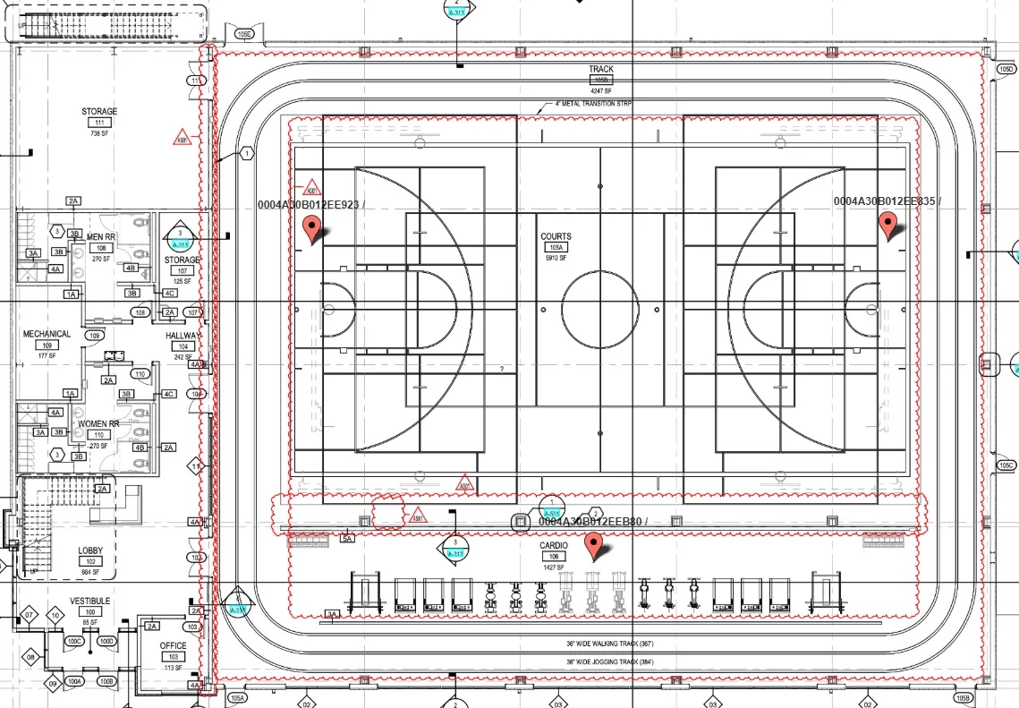 IrysConnect floorplan view showing sensor locations on a gymnasium construction drawing