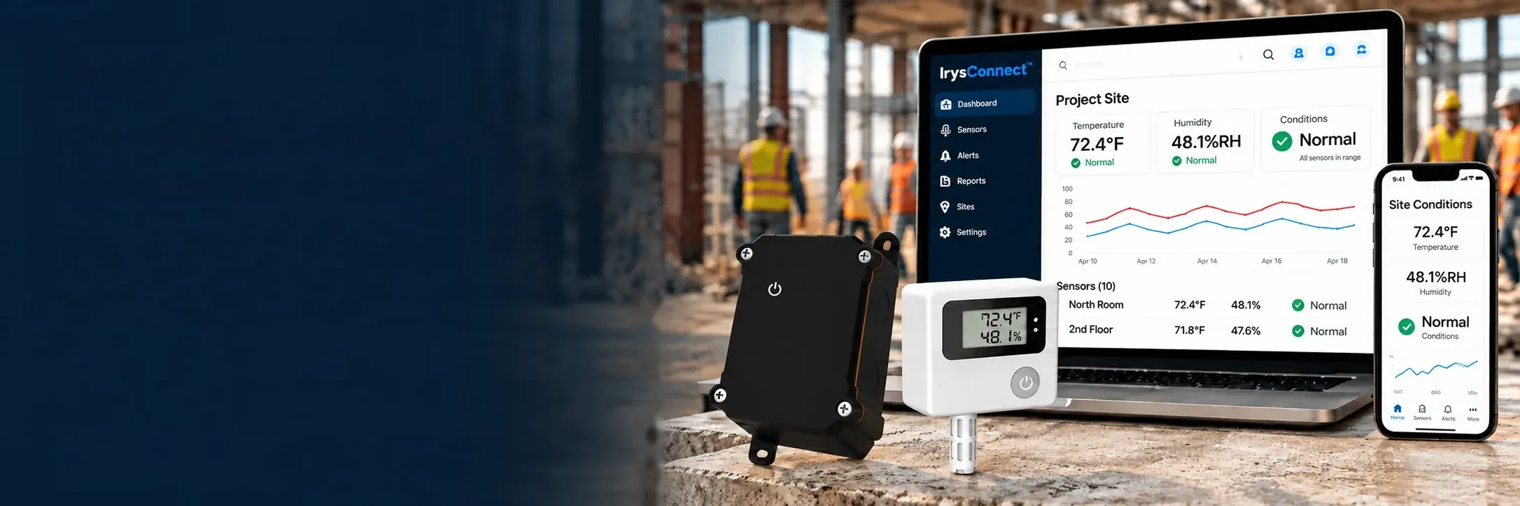 IRYS Connect™ cellular bridge and temperature/humidity sensor on a jobsite, with the IRYS Connect™ dashboard on a laptop and phone showing 72.4°F and 48.1% RH