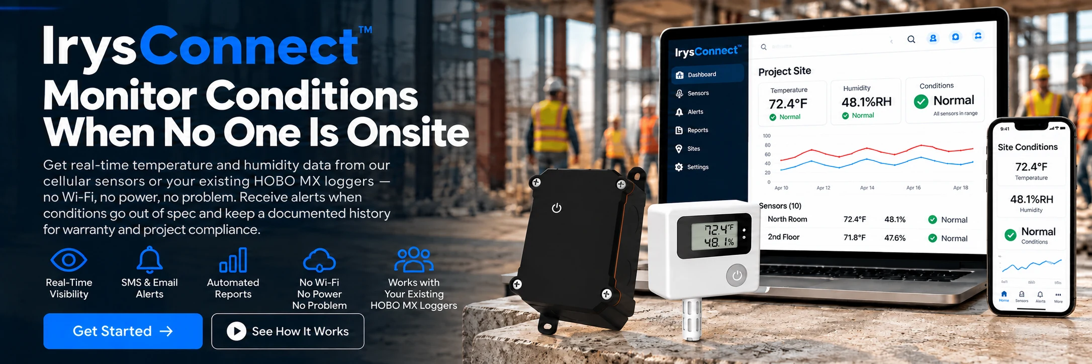 IrysConnect hero showing Monitor Conditions When No One Is Onsite, with the KKM S6-style sensor, the black IRYS Connect Bridge, and matching 72.4°F and 48.1% RH readings across the sensor, dashboard, and mobile app.
