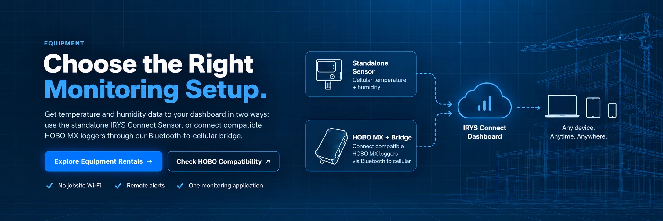 Choose the Right Monitoring Setup: standalone cellular temperature and humidity sensor or compatible HOBO MX logger with cellular bridge, connected to the IRYS Connect dashboard